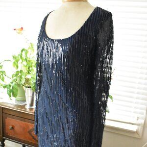 Long-Sleeve Sequin Bodycon Mini Dress, Navy Blue